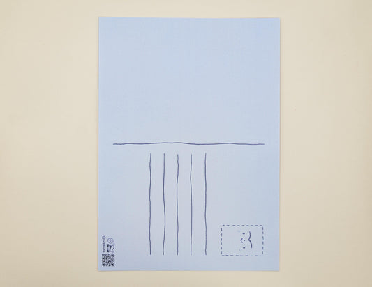 Light blue card with black line design on a beige background