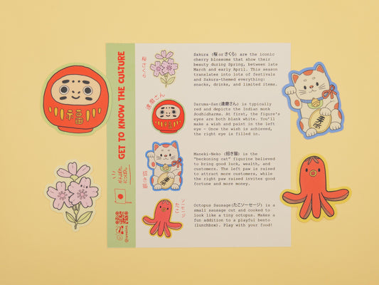 Stickers of a Daruma, Maneki-Neko, Sakura Flower and tako sausage