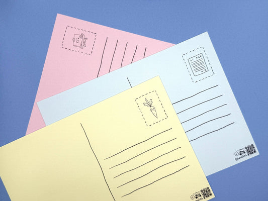 Three postcard designs in pink, blue, and yellow on a blue background