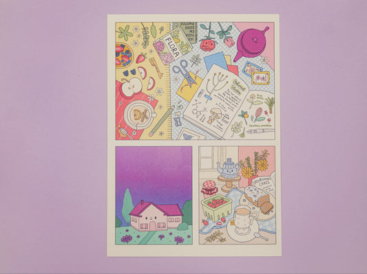 Illustrated postcard with various scenes and objects on a purple background