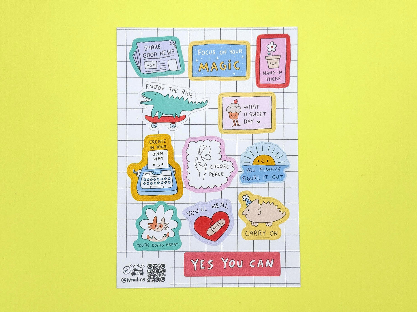 Set of colorful stickers with motivational phrases on a yellow background