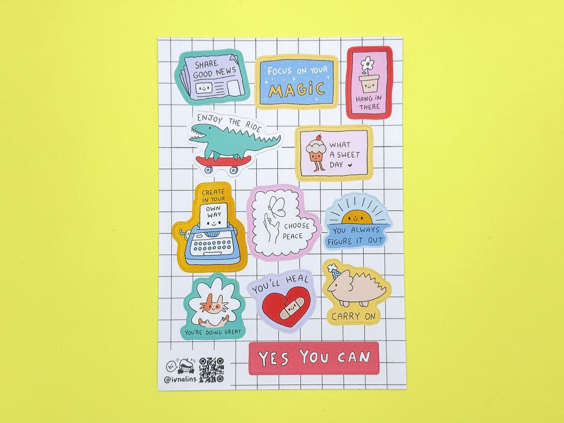 Set of colorful stickers with motivational phrases on a yellow background