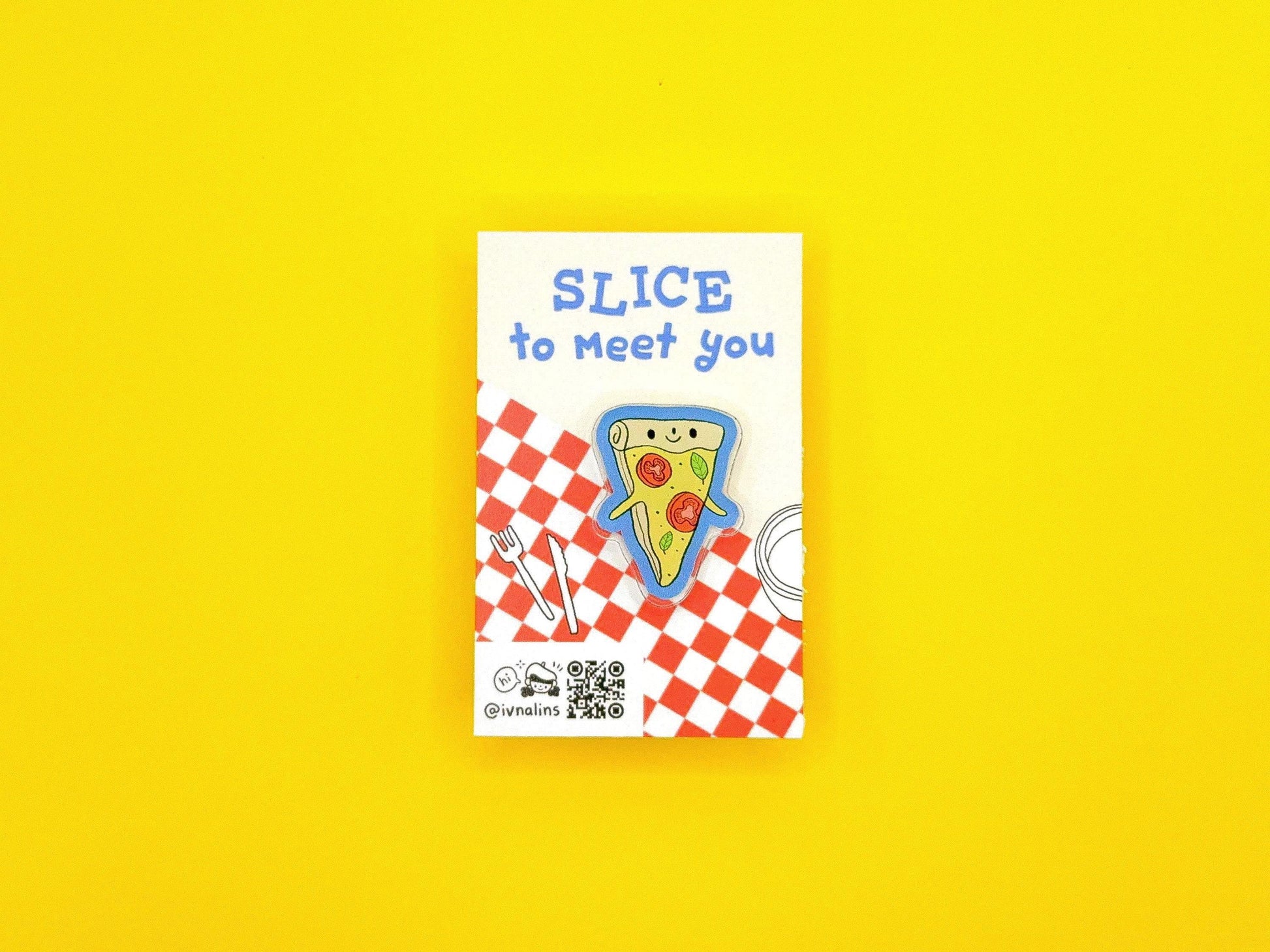 Pin with a pizza slice design on a yellow background