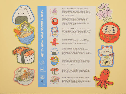Sticker sheet with various cute illustrations on a yellow background. Maneki Neko, Daruma, Sakura Flower, Sushi, Onigiri, Tako Sausage, Ramen and Nabe