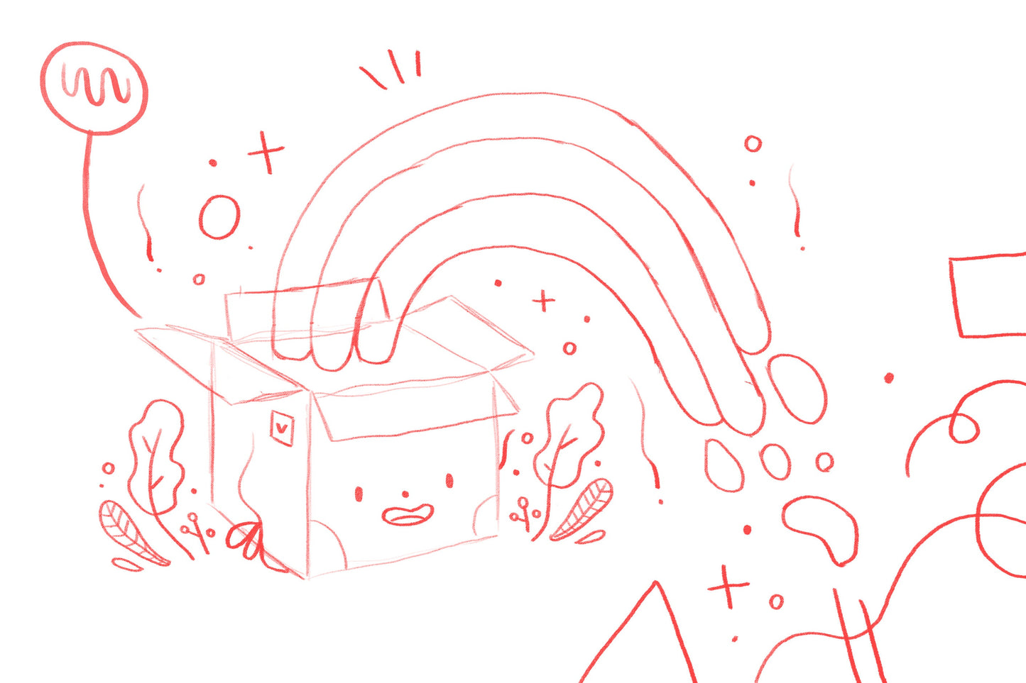 Red illustration sketch of a character with a box on a white background