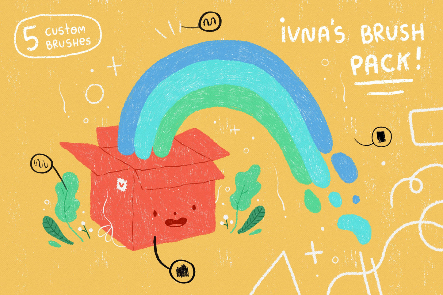 Illustration of a red box with a rainbow above it on a yellow background, labeled 'ivna's brush pack'.