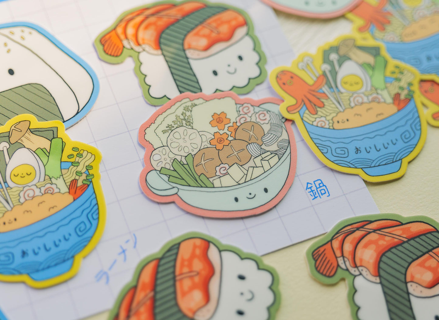 Set of colorful cartoon-style food stickers on a white background