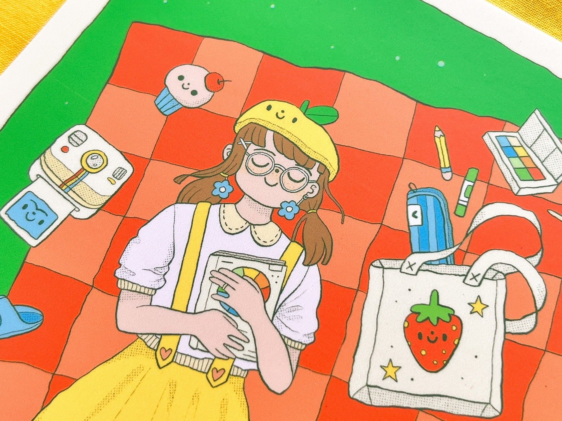 Illustration of a girl with a strawberry bag on a colorful checkered background
