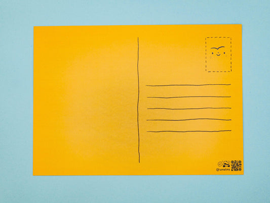 Yellow postcard with a smiley face and lines on a blue background