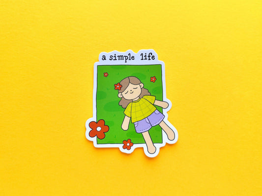 Illustration of a girl with flowers on a green square with 'a simple life' text on a yellow background