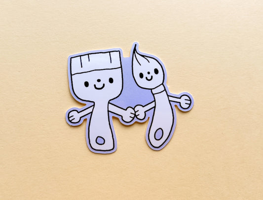 Cartoon-style paper cutout of a brush and a paint roller shaking hands on a beige background