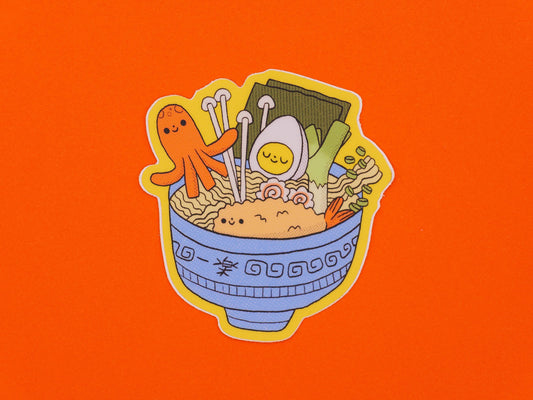 Illustration of a bowl of ramen with cartoon characters on an orange background