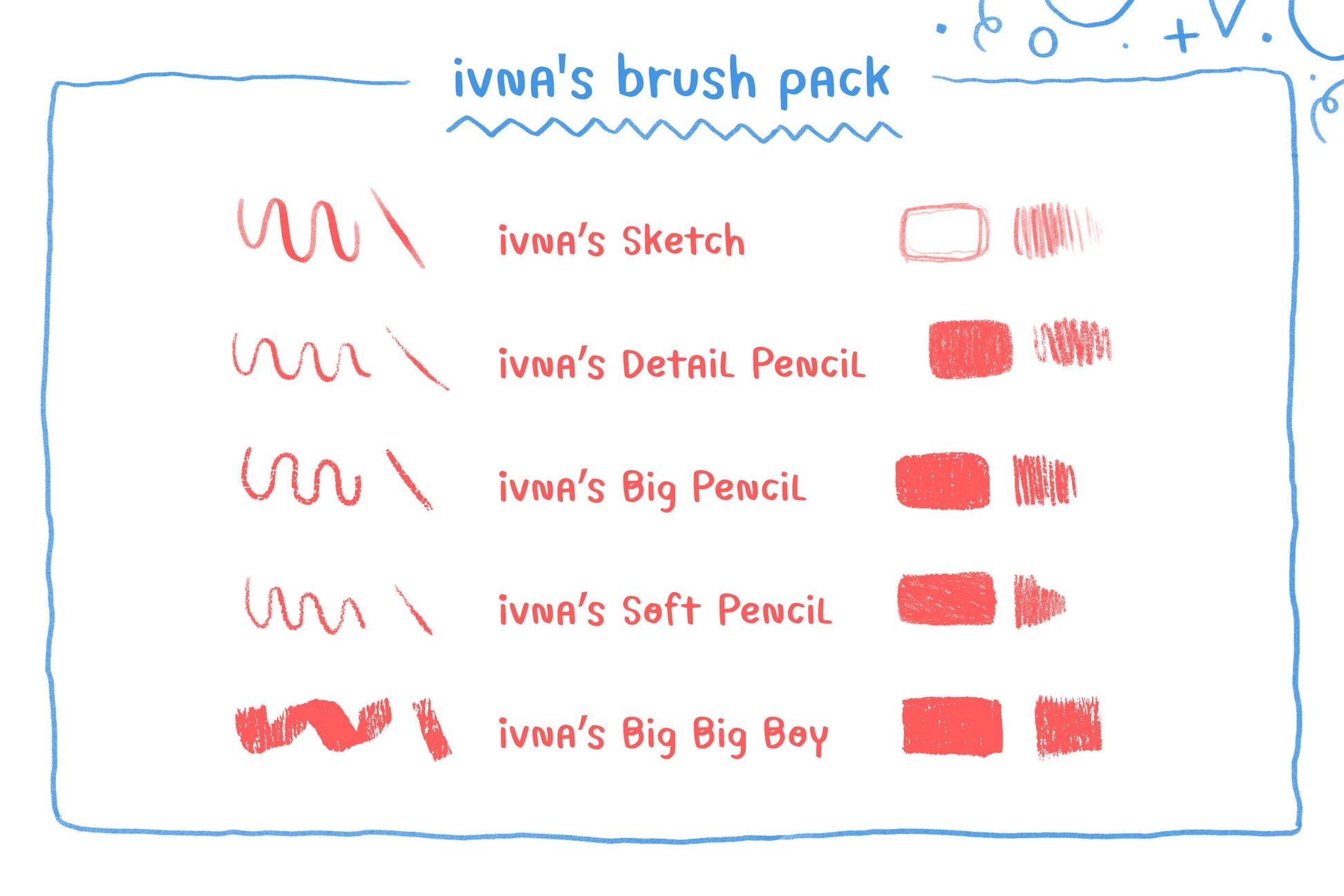 Illustration of ivna's brush pack with different brush types and their names.