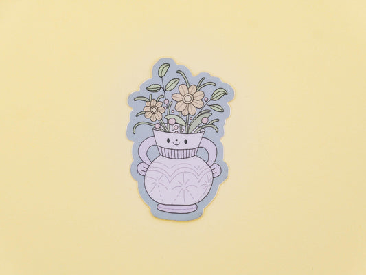 Sticker of a smiling vase with flowers on a yellow background