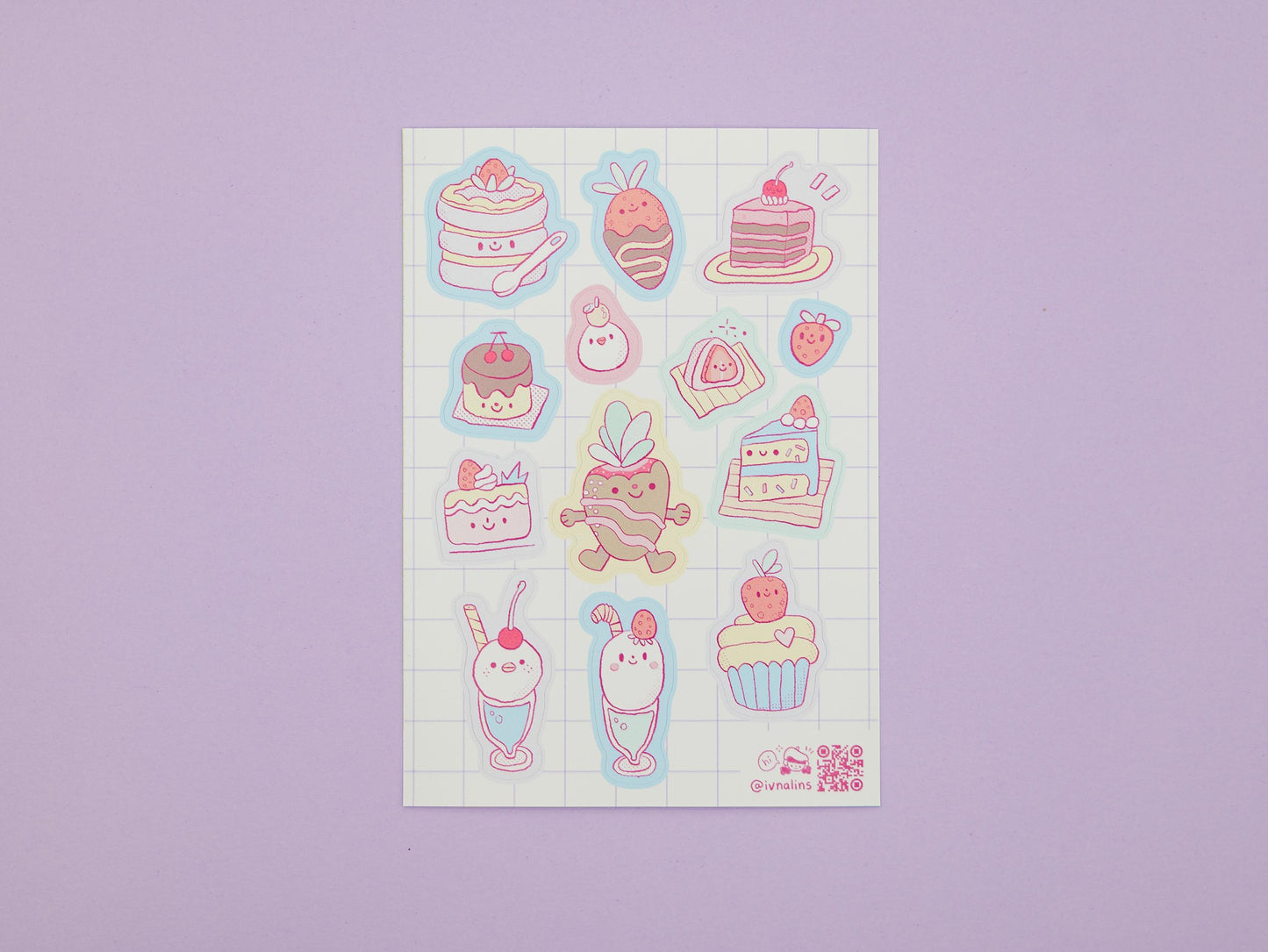 Sheet of cute cartoon stickers featuring cakes and desserts on a purple background