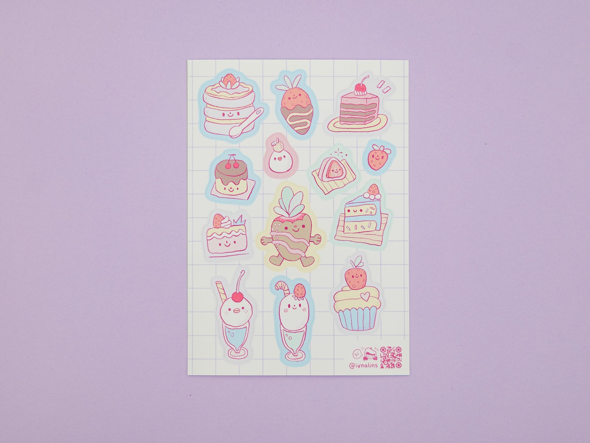Sheet of cute cartoon stickers featuring cakes and desserts on a purple background