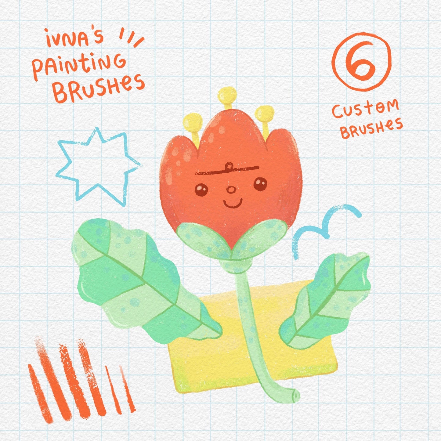 Illustration of a cute flower character with painting brushes on a checkered background