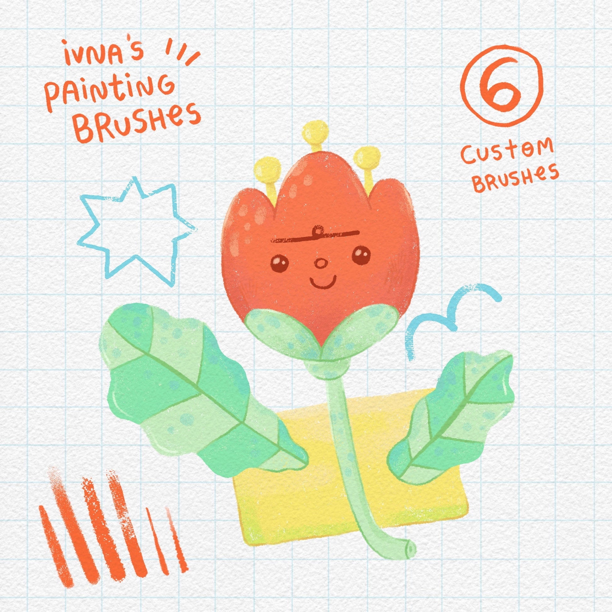 Illustration of a cute flower character with painting brushes on a checkered background