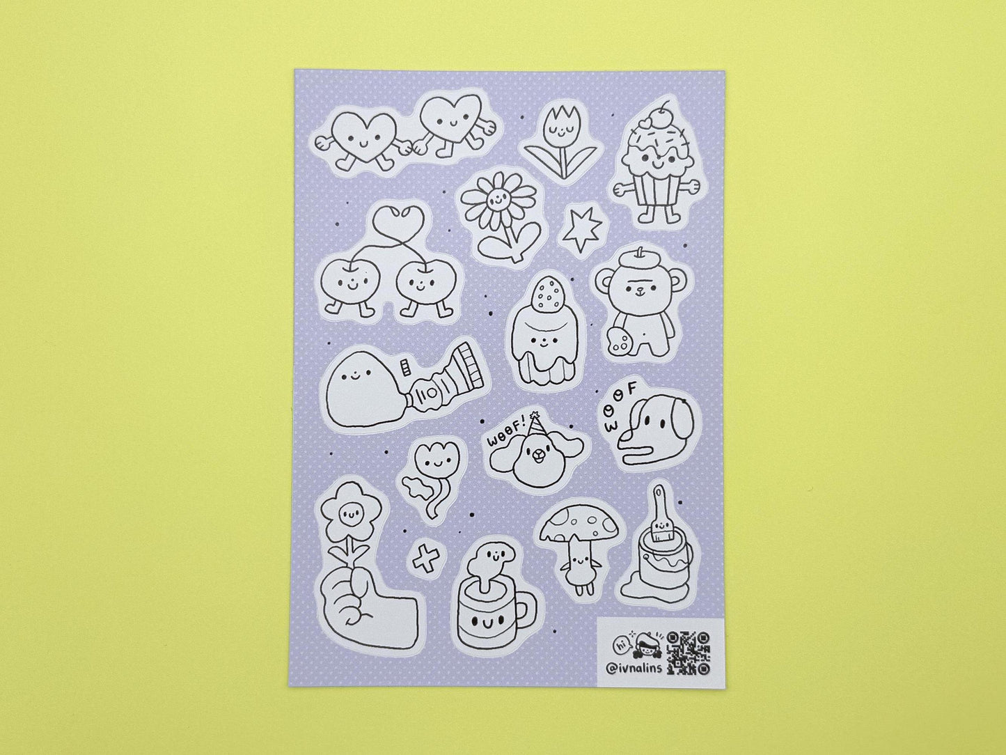 Sheet of cute character stickers on a purple background with a yellow border