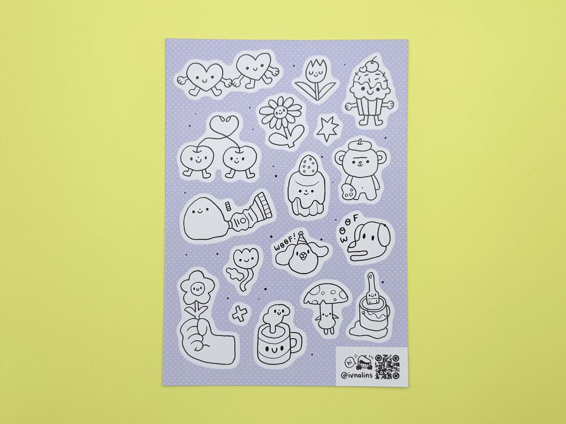 Sheet of cute character stickers on a purple background with a yellow border