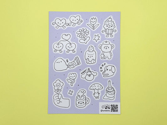 Sheet of cute character stickers on a purple background with a yellow border