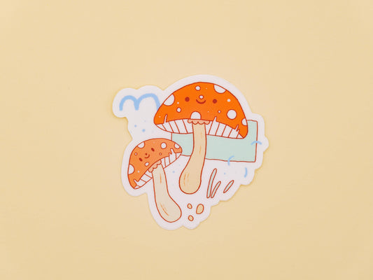 Sticker of two cartoon mushrooms on a beige background