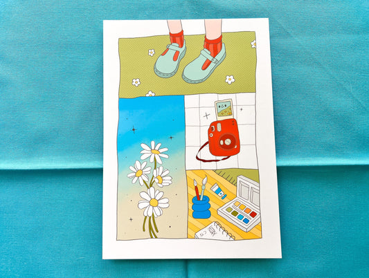 Illustrated postcard with a person's feet, daisies, a camera, and art supplies on a blue background