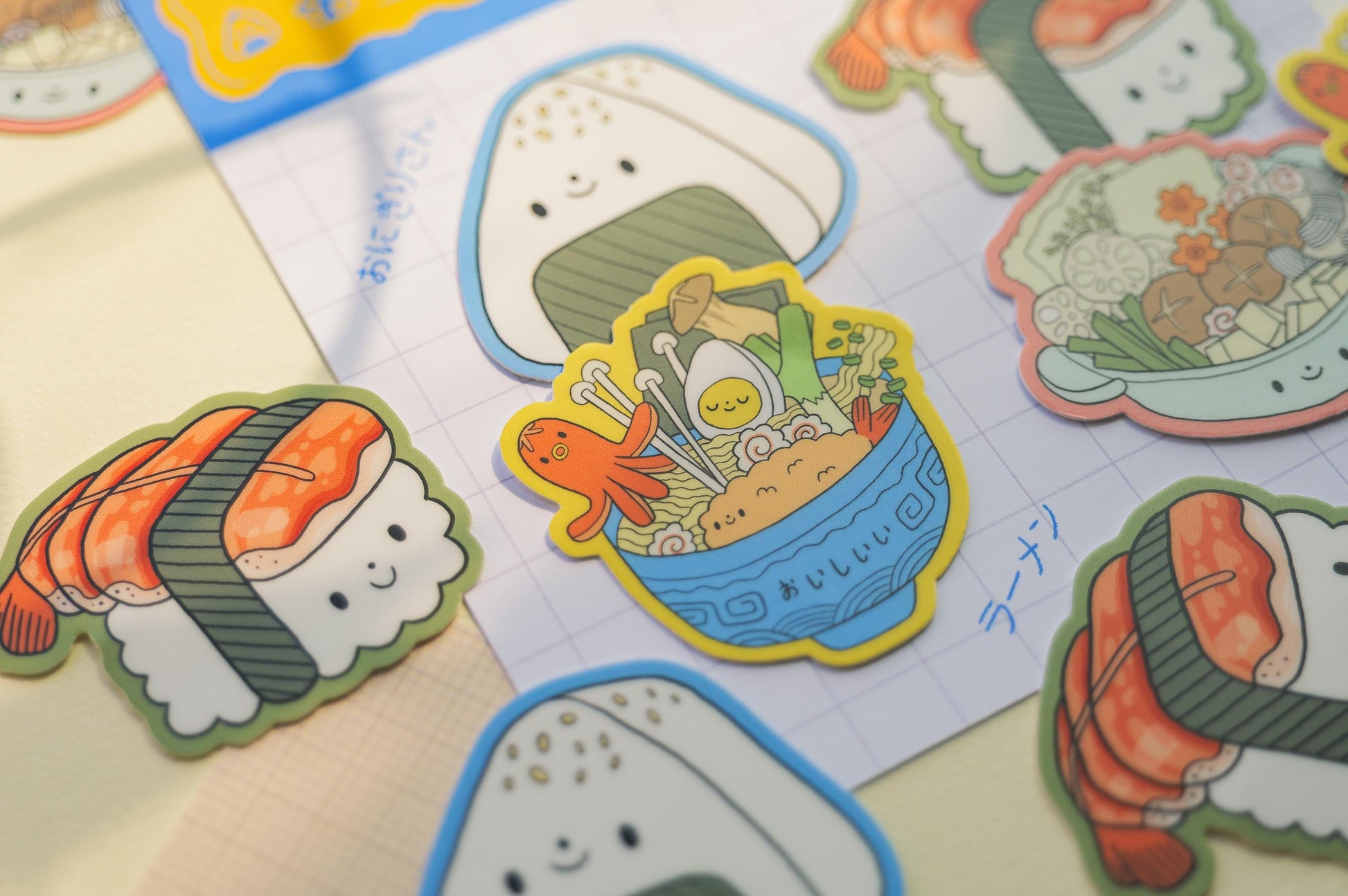 Colorful cartoon-style food stickers on a white background